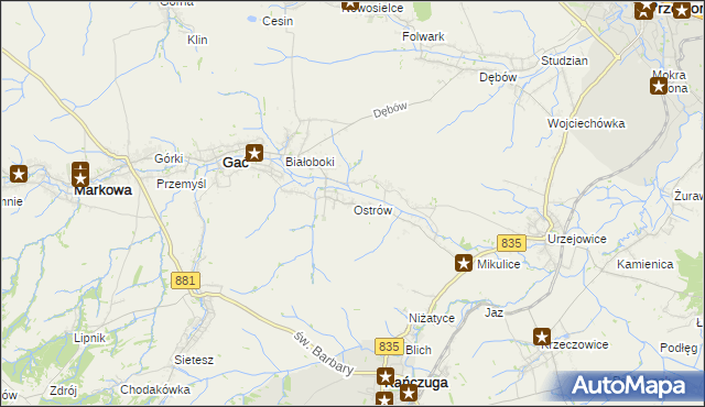 mapa Ostrów gmina Gać, Ostrów gmina Gać na mapie Targeo