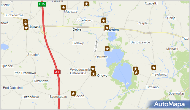 mapa Ostrowo gmina Płużnica, Ostrowo gmina Płużnica na mapie Targeo