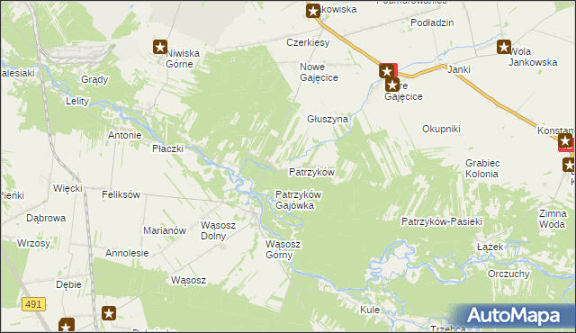 mapa Patrzyków gmina Pajęczno, Patrzyków gmina Pajęczno na mapie Targeo