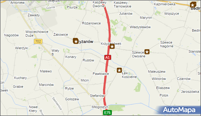 mapa Pawłowice gmina Krzyżanów, Pawłowice gmina Krzyżanów na mapie Targeo