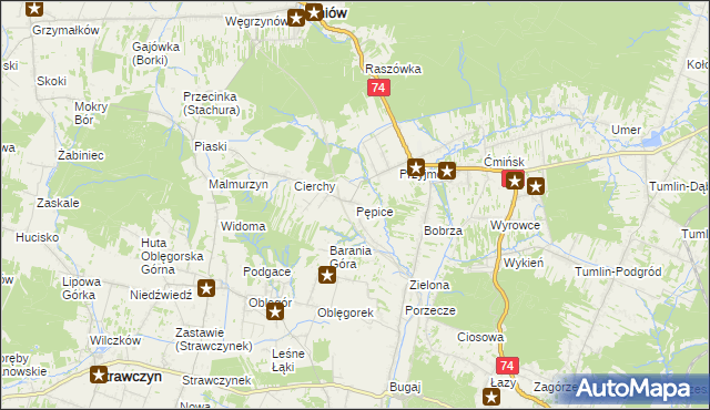 mapa Pępice gmina Mniów, Pępice gmina Mniów na mapie Targeo