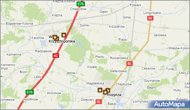 mapa Pieńki gmina Rozprza, Pieńki gmina Rozprza na mapie Targeo