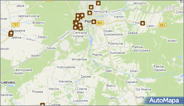 mapa Płachty gmina Pionki, Płachty gmina Pionki na mapie Targeo