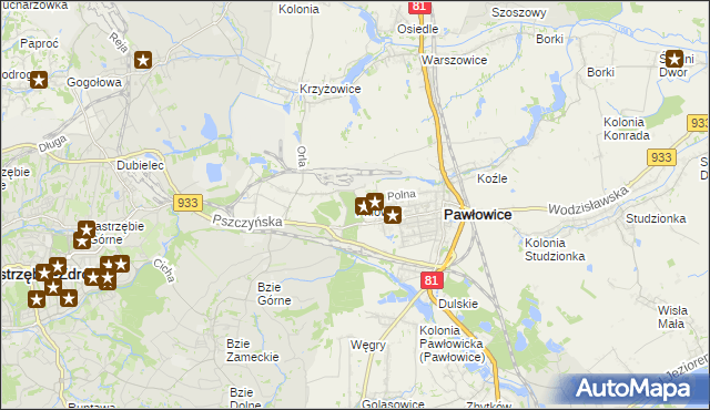 mapa Pniówek gmina Pawłowice, Pniówek gmina Pawłowice na mapie Targeo