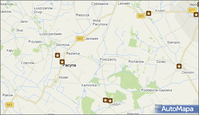 mapa Podczachy gmina Pacyna, Podczachy gmina Pacyna na mapie Targeo