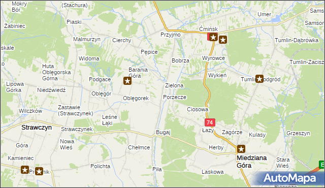 mapa Porzecze gmina Miedziana Góra, Porzecze gmina Miedziana Góra na mapie Targeo