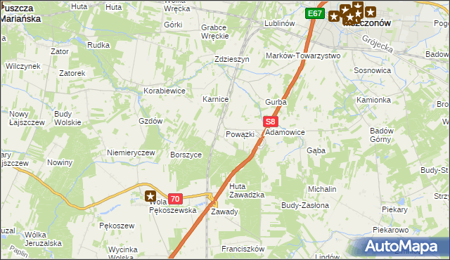 mapa Powązki gmina Mszczonów, Powązki gmina Mszczonów na mapie Targeo