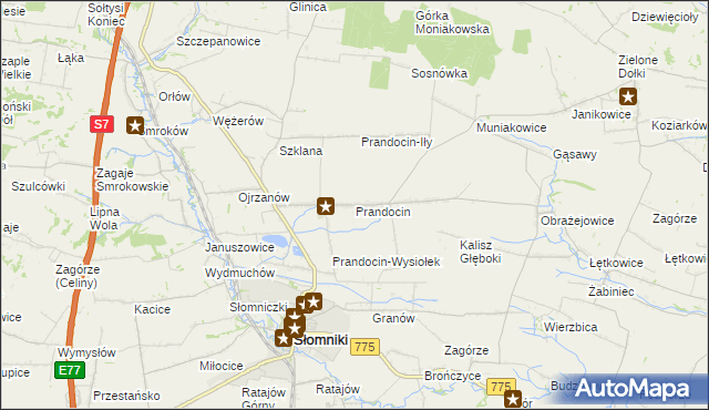 mapa Prandocin gmina Słomniki, Prandocin gmina Słomniki na mapie Targeo