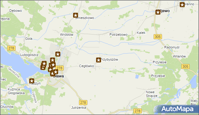 mapa Przybyszów gmina Sława, Przybyszów gmina Sława na mapie Targeo