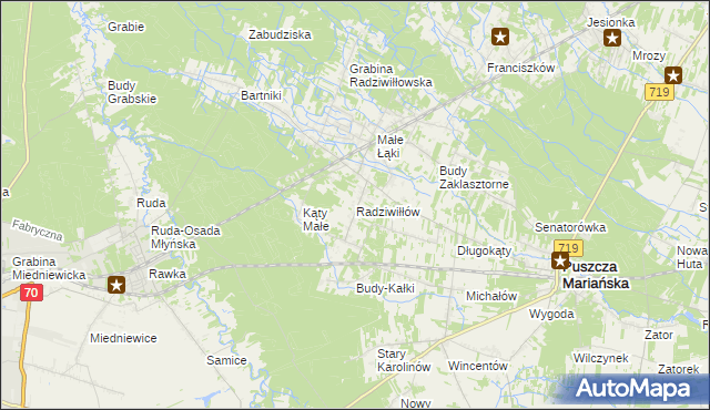 mapa Radziwiłłów gmina Puszcza Mariańska, Radziwiłłów gmina Puszcza Mariańska na mapie Targeo