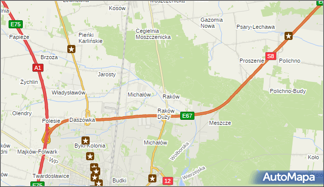 mapa Raków gmina Moszczenica, Raków gmina Moszczenica na mapie Targeo