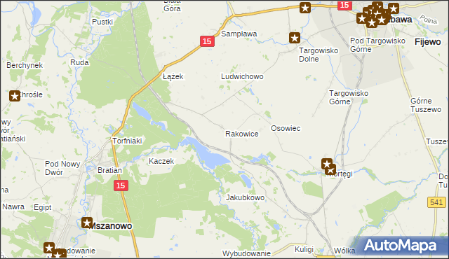 mapa Rakowice gmina Lubawa, Rakowice gmina Lubawa na mapie Targeo