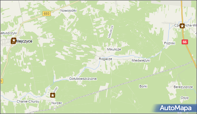 mapa Rogacze gmina Milejczyce, Rogacze gmina Milejczyce na mapie Targeo