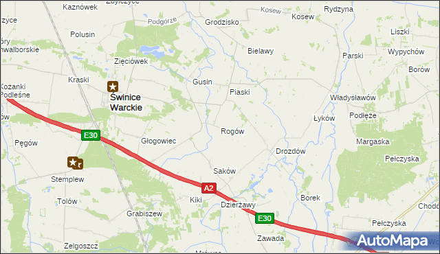 mapa Rogów gmina Świnice Warckie, Rogów gmina Świnice Warckie na mapie Targeo