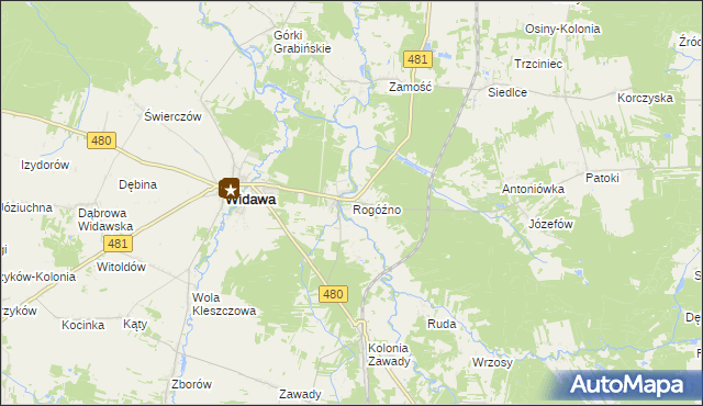 mapa Rogóźno gmina Widawa, Rogóźno gmina Widawa na mapie Targeo
