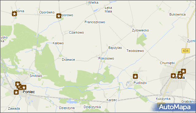 mapa Rokosowo gmina Poniec, Rokosowo gmina Poniec na mapie Targeo