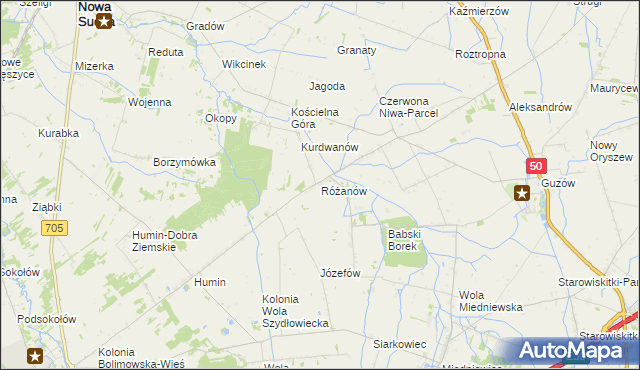 mapa Różanów gmina Wiskitki, Różanów gmina Wiskitki na mapie Targeo