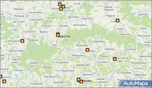 mapa Rozdziele gmina Żegocina, Rozdziele gmina Żegocina na mapie Targeo