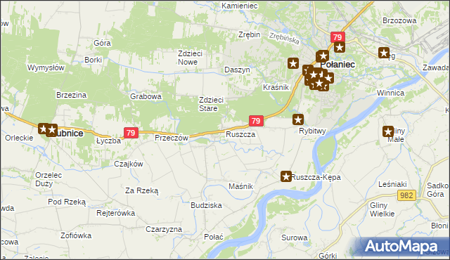 mapa Ruszcza gmina Połaniec, Ruszcza gmina Połaniec na mapie Targeo