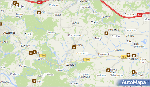 mapa Rybna gmina Czernichów, Rybna gmina Czernichów na mapie Targeo