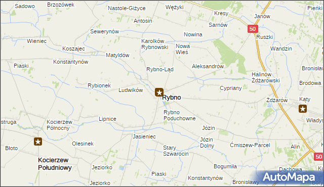 mapa Rybno powiat sochaczewski, Rybno powiat sochaczewski na mapie Targeo