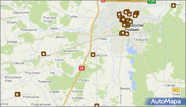 mapa Rzeczyca gmina Międzyrzec Podlaski, Rzeczyca gmina Międzyrzec Podlaski na mapie Targeo