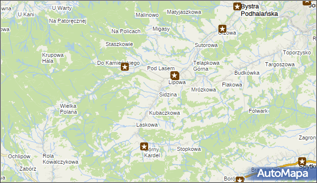 mapa Sidzina gmina Bystra-Sidzina, Sidzina gmina Bystra-Sidzina na mapie Targeo