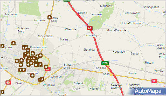 mapa Sieraków gmina Kutno, Sieraków gmina Kutno na mapie Targeo