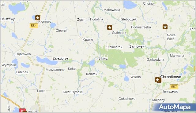 mapa Sikórz gmina Chrostkowo, Sikórz gmina Chrostkowo na mapie Targeo