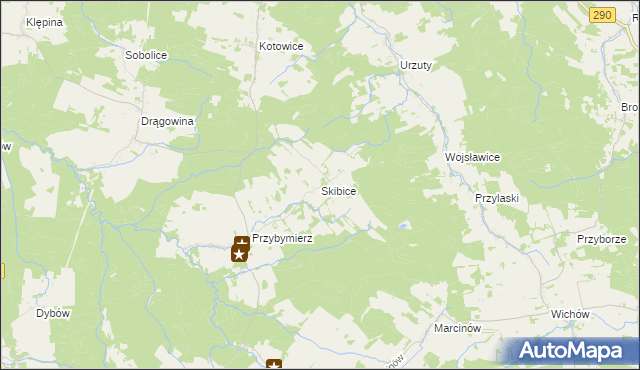 mapa Skibice gmina Nowogród Bobrzański, Skibice gmina Nowogród Bobrzański na mapie Targeo