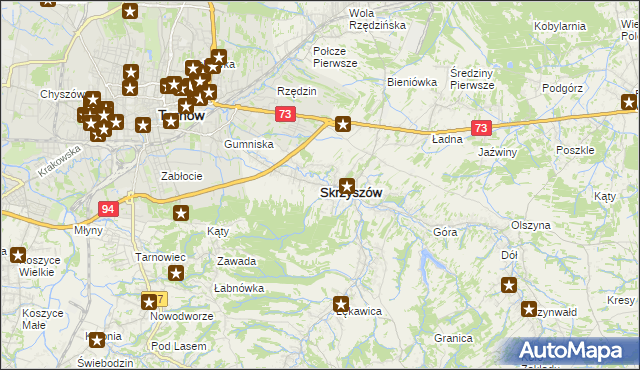 mapa Skrzyszów powiat tarnowski, Skrzyszów powiat tarnowski na mapie Targeo