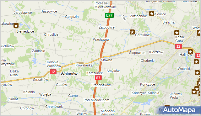 mapa Sławno gmina Wolanów, Sławno gmina Wolanów na mapie Targeo