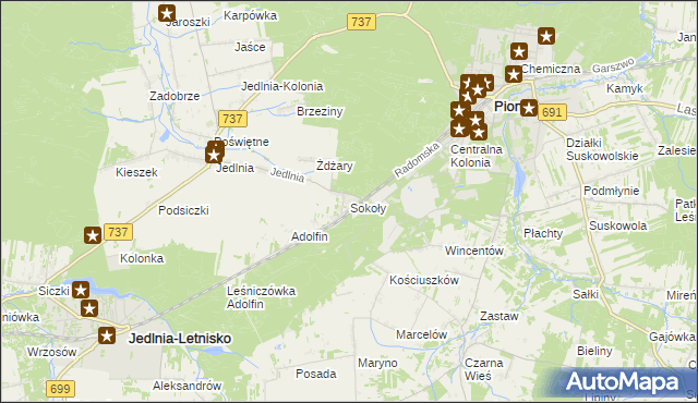 mapa Sokoły gmina Pionki, Sokoły gmina Pionki na mapie Targeo