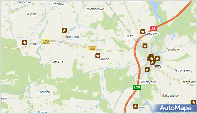 mapa Sowno gmina Płoty, Sowno gmina Płoty na mapie Targeo