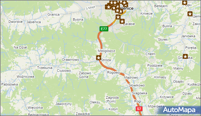 mapa Stróża gmina Pcim, Stróża gmina Pcim na mapie Targeo