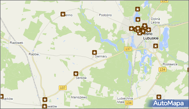 mapa Świniary gmina Ośno Lubuskie, Świniary gmina Ośno Lubuskie na mapie Targeo