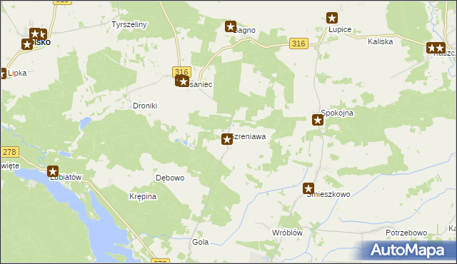 mapa Szreniawa gmina Sława, Szreniawa gmina Sława na mapie Targeo