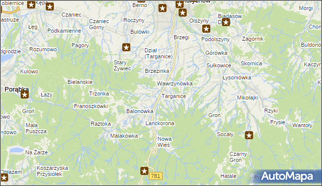 mapa Targanice, Targanice na mapie Targeo