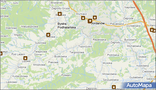 mapa Toporzysko gmina Jordanów, Toporzysko gmina Jordanów na mapie Targeo