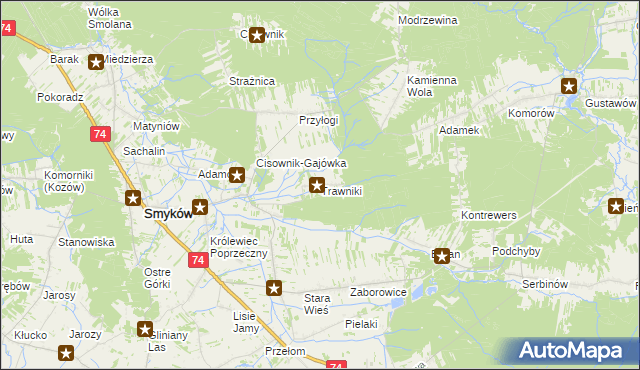 mapa Trawniki gmina Smyków, Trawniki gmina Smyków na mapie Targeo