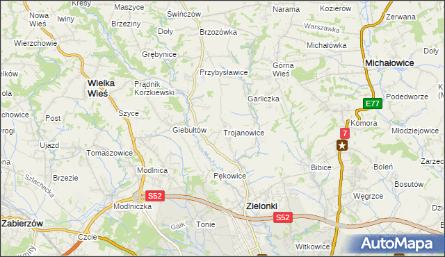 mapa Trojanowice gmina Zielonki, Trojanowice gmina Zielonki na mapie Targeo