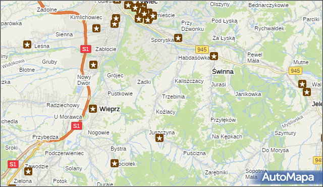 mapa Trzebinia gmina Świnna, Trzebinia gmina Świnna na mapie Targeo