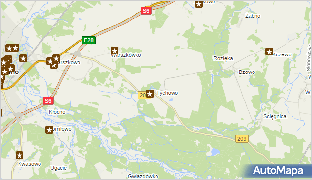 mapa Tychowo gmina Sławno, Tychowo gmina Sławno na mapie Targeo