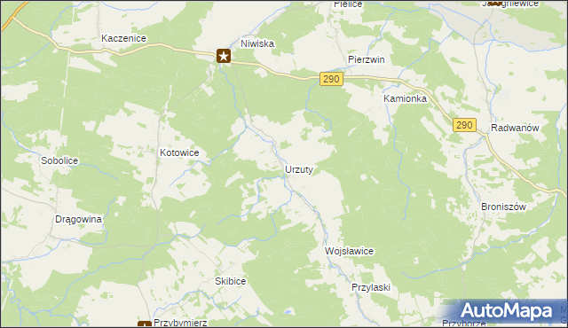mapa Urzuty gmina Nowogród Bobrzański, Urzuty gmina Nowogród Bobrzański na mapie Targeo