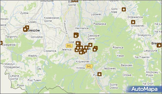 mapa Ustroń powiat cieszyński, Ustroń powiat cieszyński na mapie Targeo
