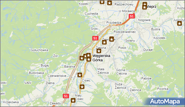 mapa Węgierska Górka, Węgierska Górka na mapie Targeo