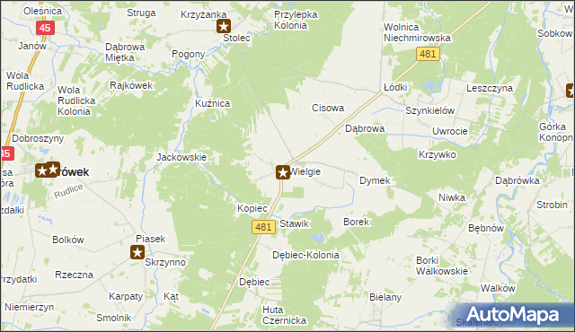 mapa Wielgie gmina Ostrówek, Wielgie gmina Ostrówek na mapie Targeo