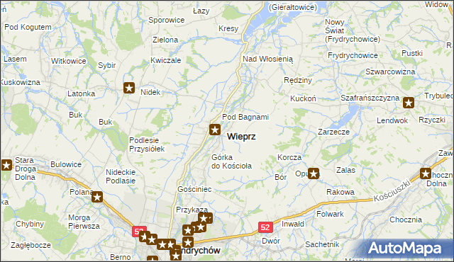 mapa Wieprz powiat wadowicki, Wieprz powiat wadowicki na mapie Targeo