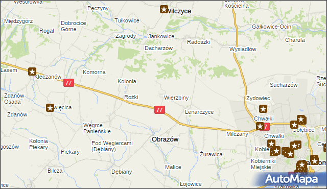 mapa Wierzbiny gmina Obrazów, Wierzbiny gmina Obrazów na mapie Targeo