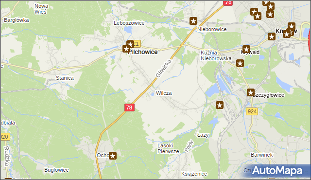mapa Wilcza gmina Pilchowice, Wilcza gmina Pilchowice na mapie Targeo